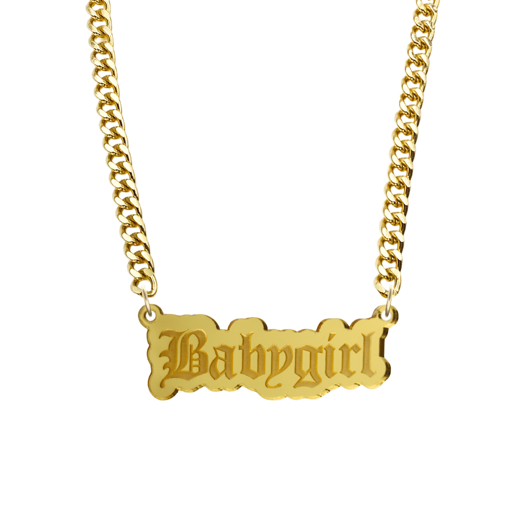 haus of dizzy gold necklace with 'Babygirl' acrylic pendant size large