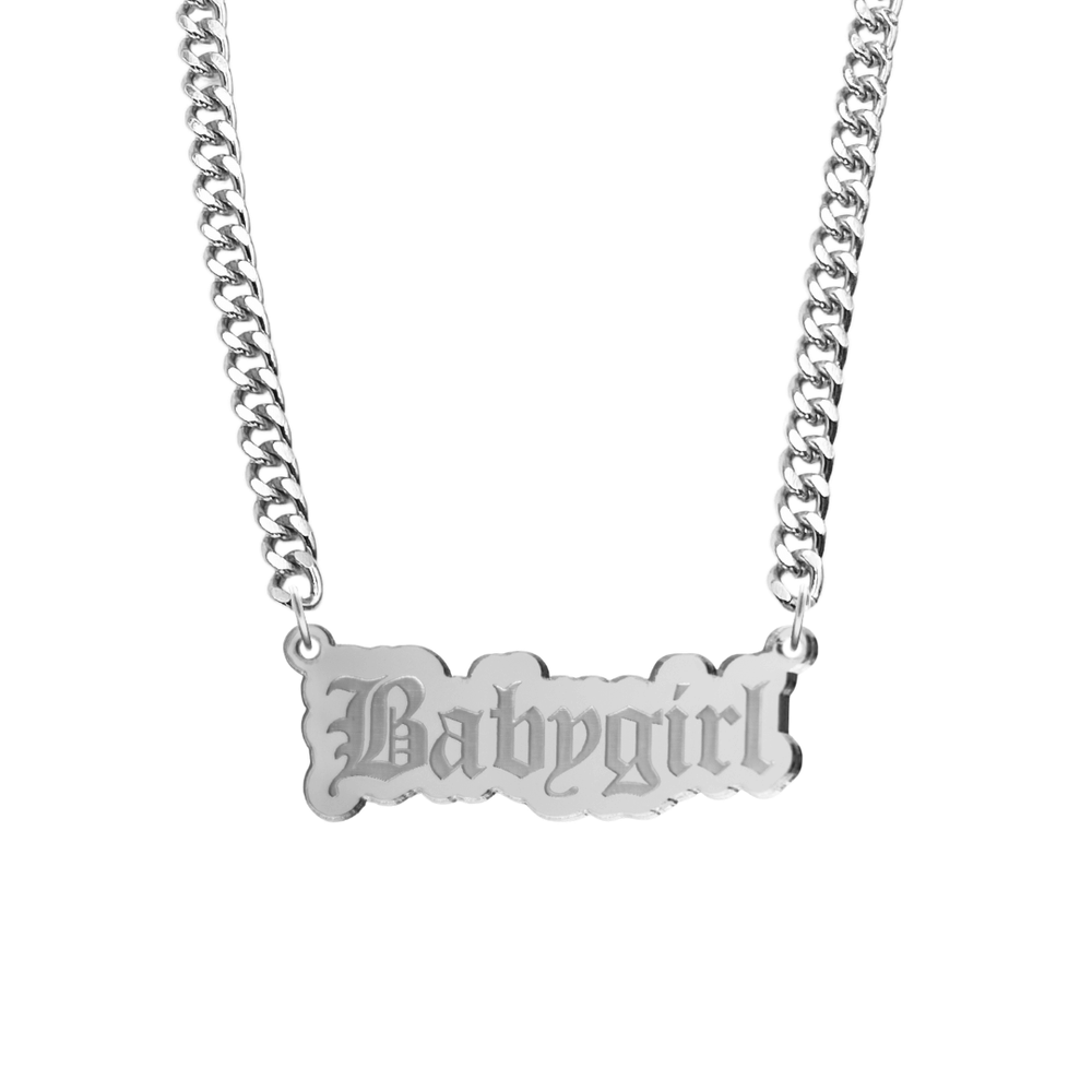 haus of dizzy silver necklace with 'Babygirl' acrylic pendant size large