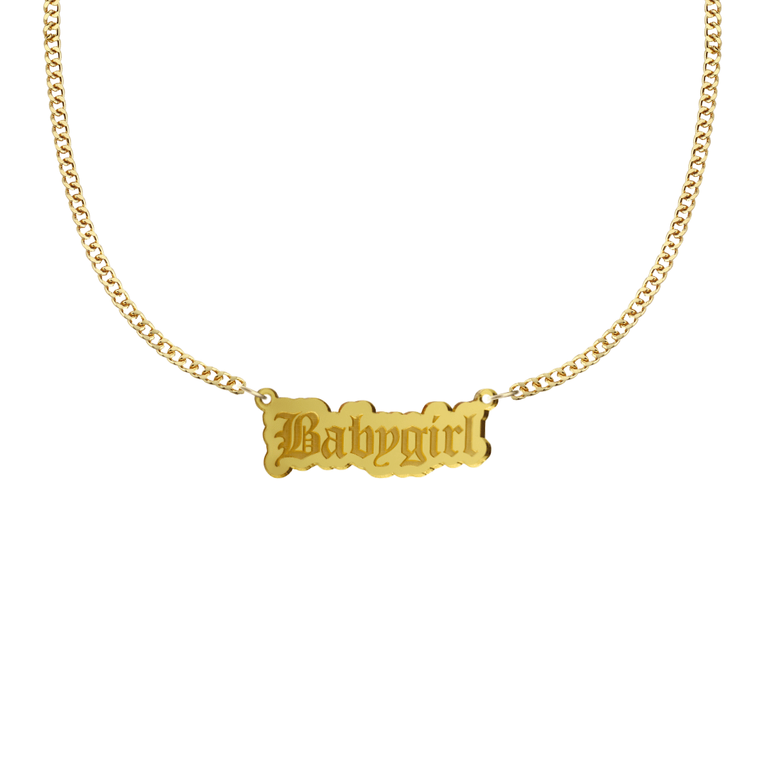 haus of dizzy gold necklace with 'Babygirl' acrylic pendant size small