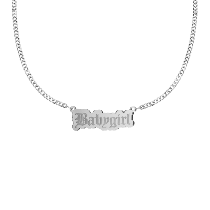 haus of dizzy silver necklace with 'Babygirl' acrylic pendant size small