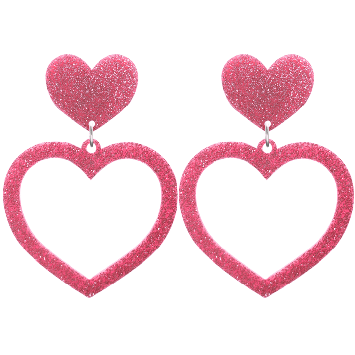 haus of dizzy glitter barbie heart earrings with baby pink glitter size large