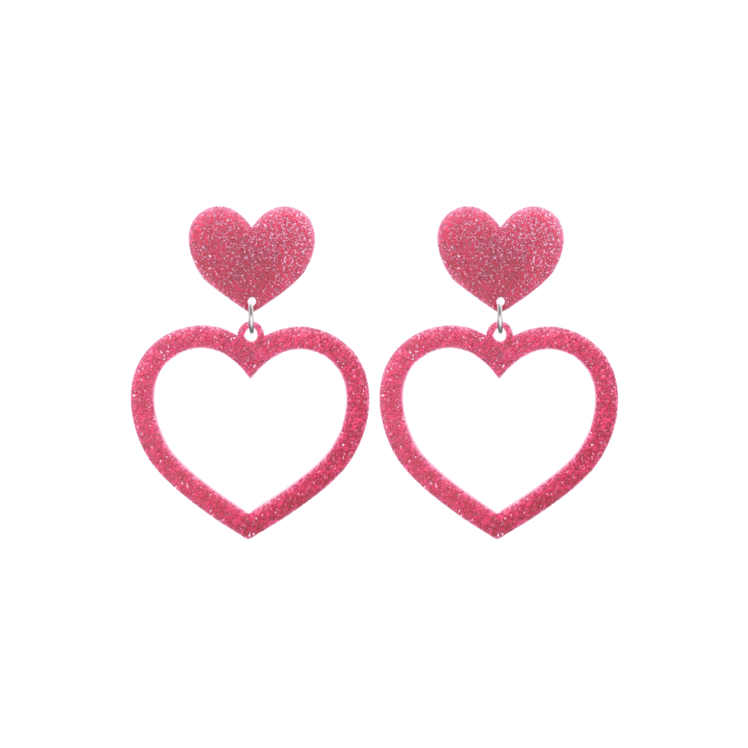 haus of dizzy glitter barbie heart earrings with baby pink glitter size small