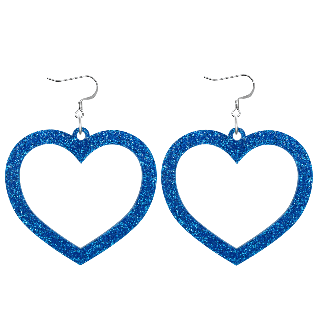 haus of dizzy glitter barbie heart earrings with blue glitter size large with hooks no heart tops