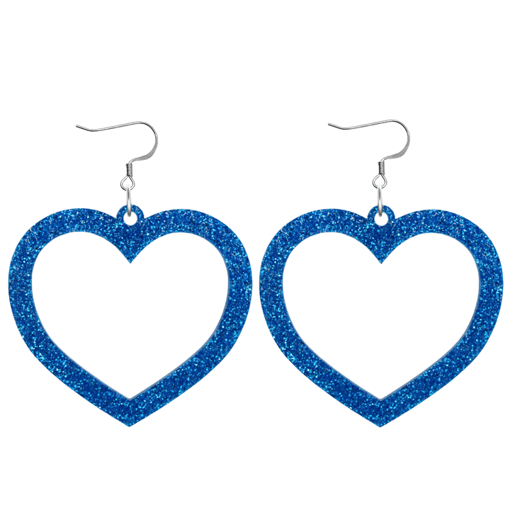 haus of dizzy glitter barbie heart earrings with blue glitter size large with hooks no heart tops