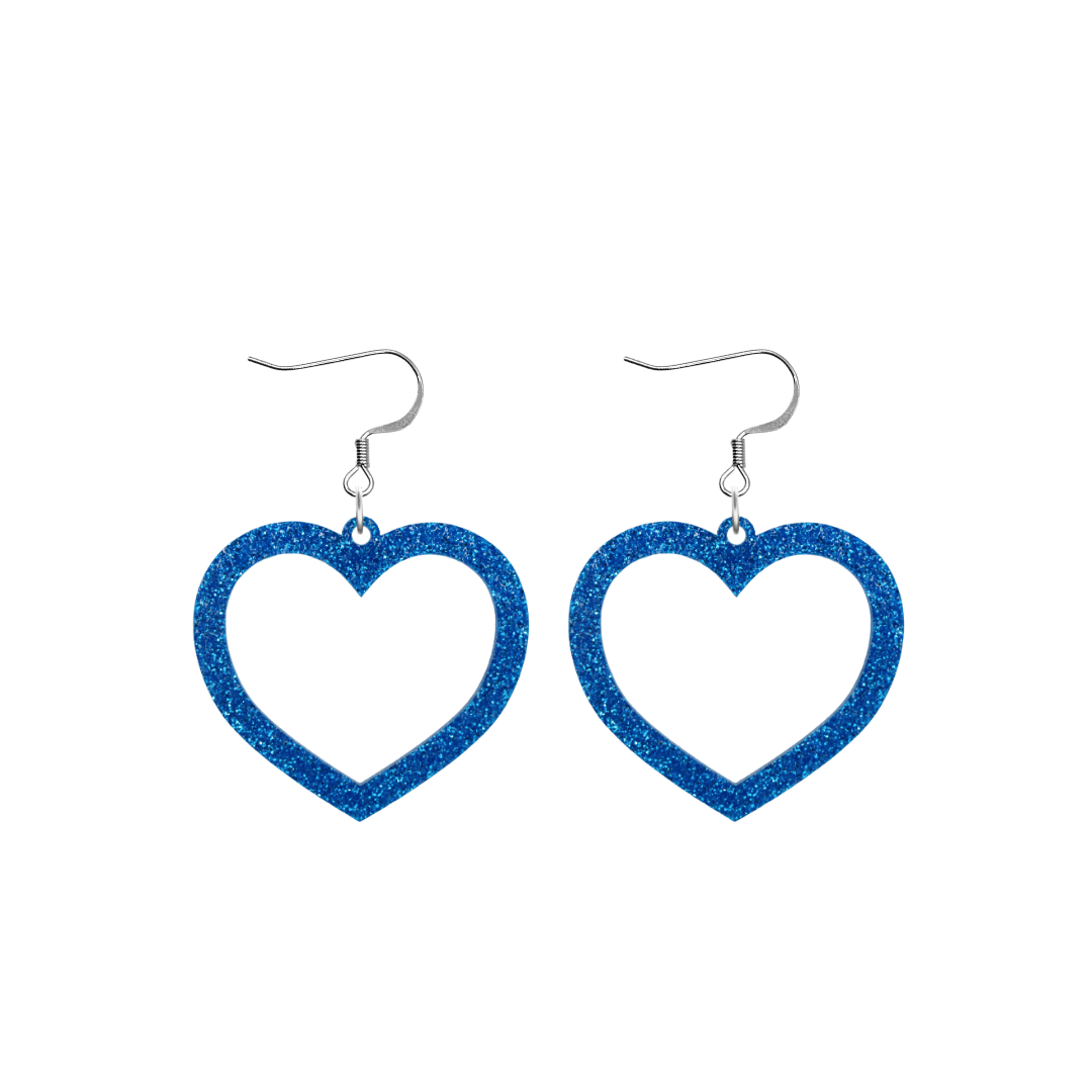 haus of dizzy glitter barbie heart earrings with blue glitter size small with hooks no heart tops