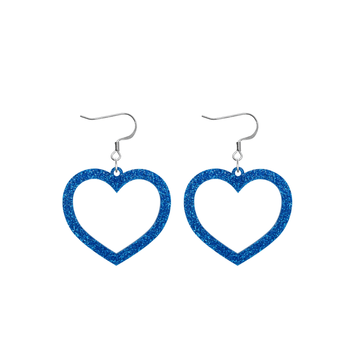 haus of dizzy glitter barbie heart earrings with blue glitter size small with hooks no heart tops