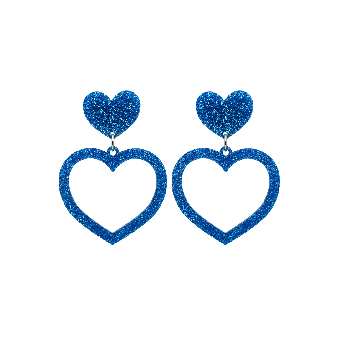 haus of dizzy glitter barbie heart earrings with blue glitter size small