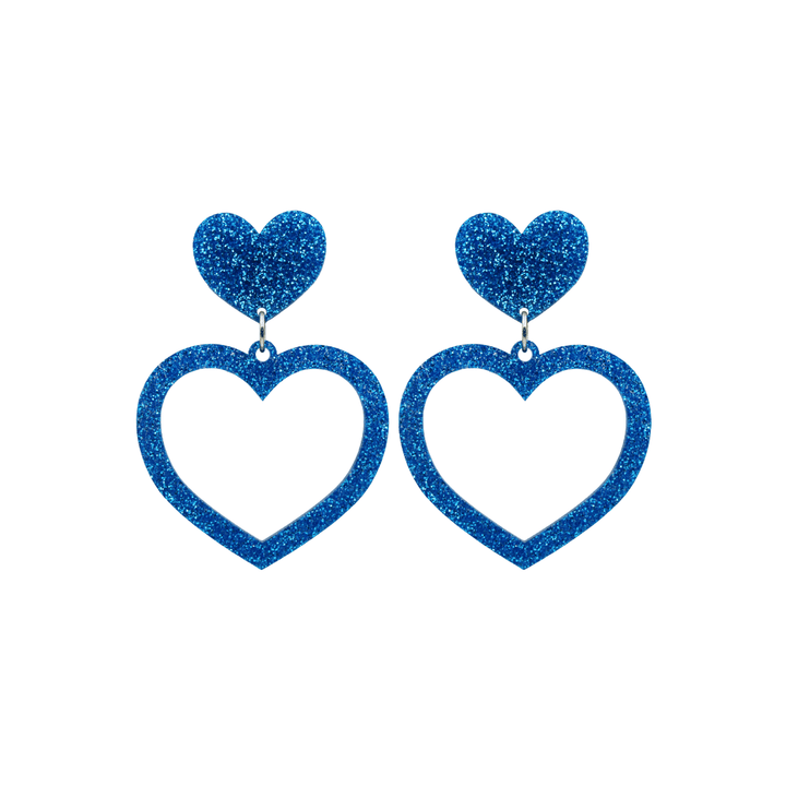 haus of dizzy glitter barbie heart earrings with blue glitter size small
