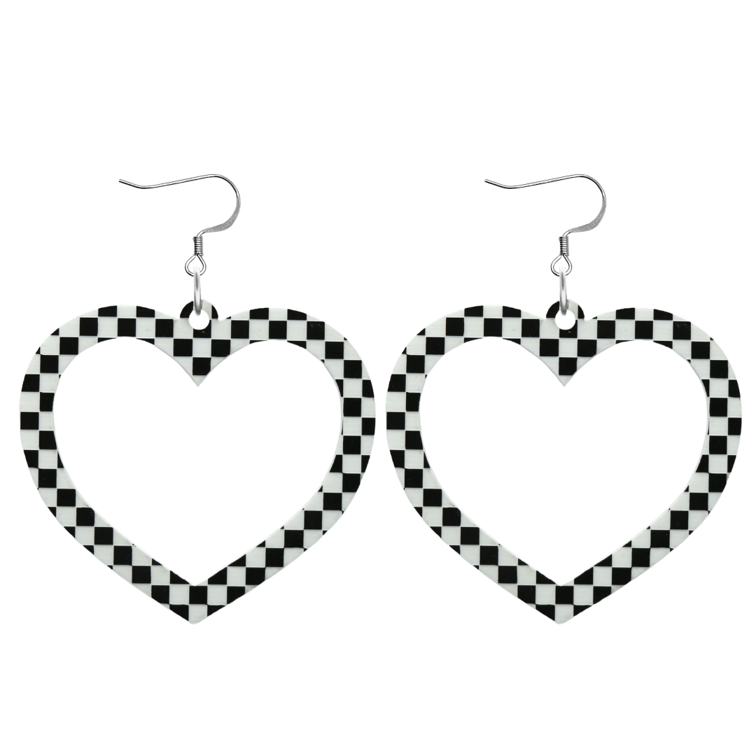 haus of dizzy black and white barbie heart earrings in checkerboard print size large with hooks no heart tops
