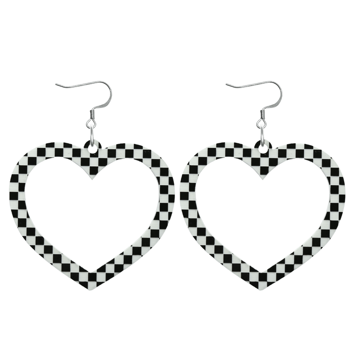 haus of dizzy black and white barbie heart earrings in checkerboard print size large with hooks no heart tops