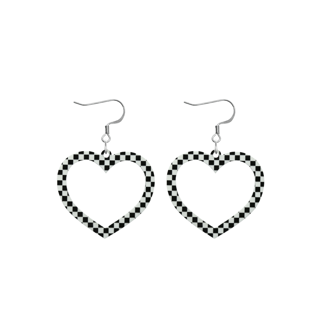 haus of dizzy black and white barbie heart earrings in checkerboard print size small with hooks no heart tops