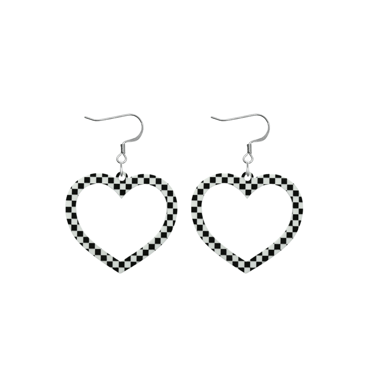 haus of dizzy black and white barbie heart earrings in checkerboard print size small with hooks no heart tops