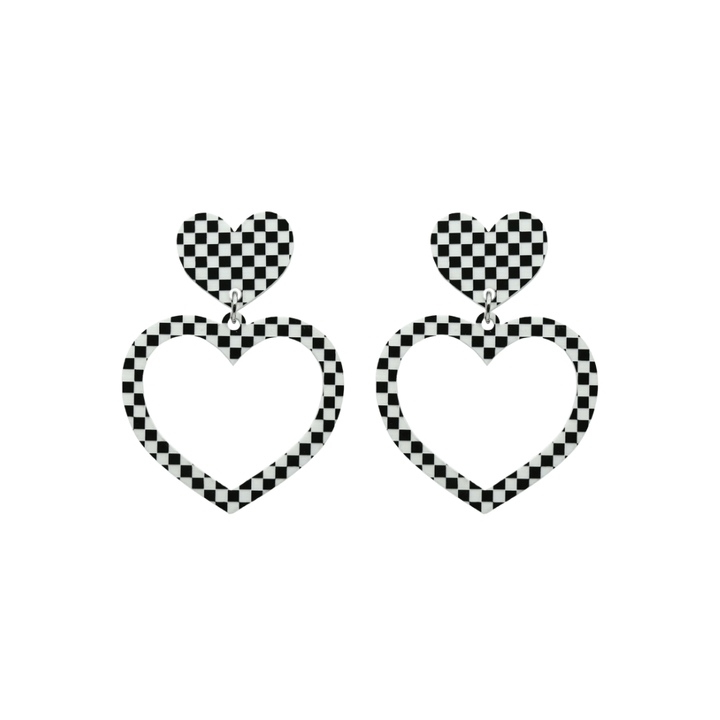 haus of dizzy black and white barbie heart earrings in checkerboard print size small