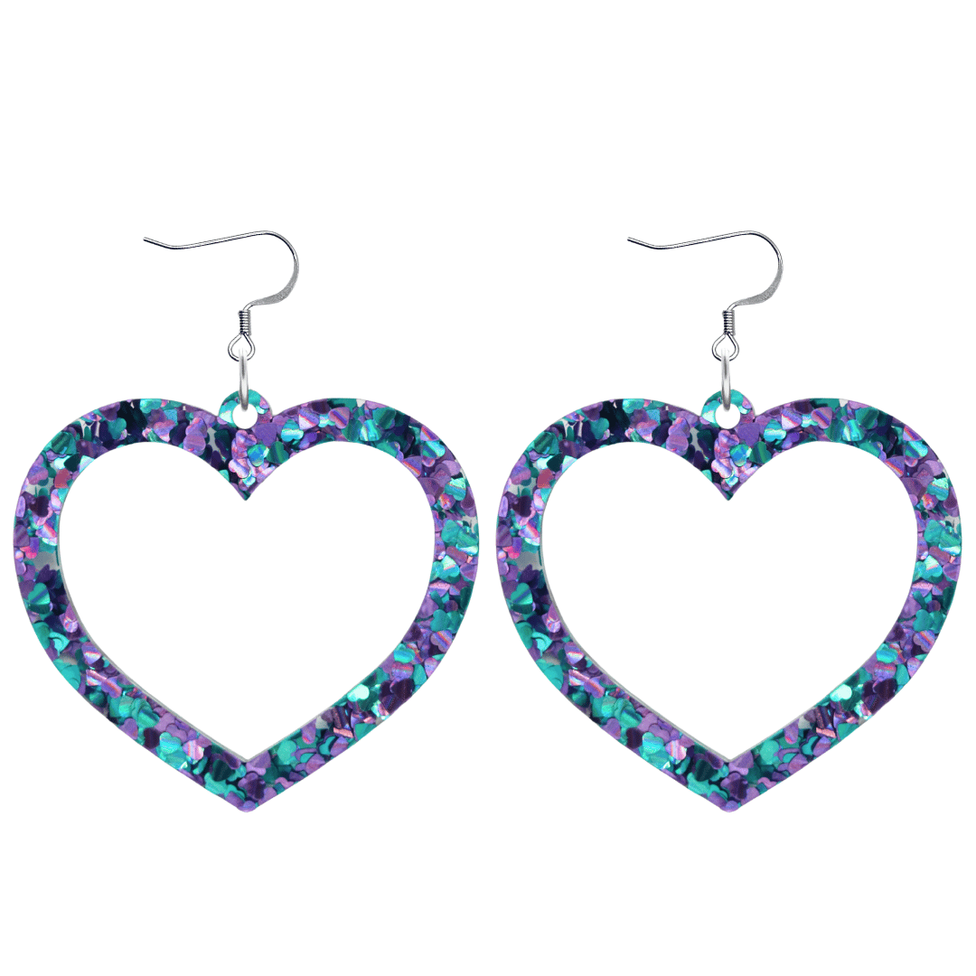 haus of chunky purple and blue love heart glitter barbie heart earrings size large with hooks no heart tops