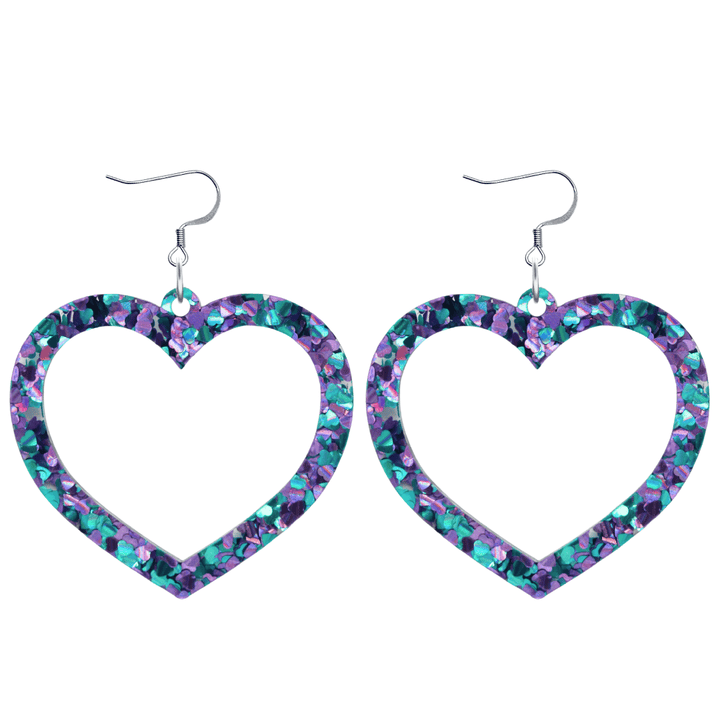 haus of chunky purple and blue love heart glitter barbie heart earrings size large with hooks no heart tops