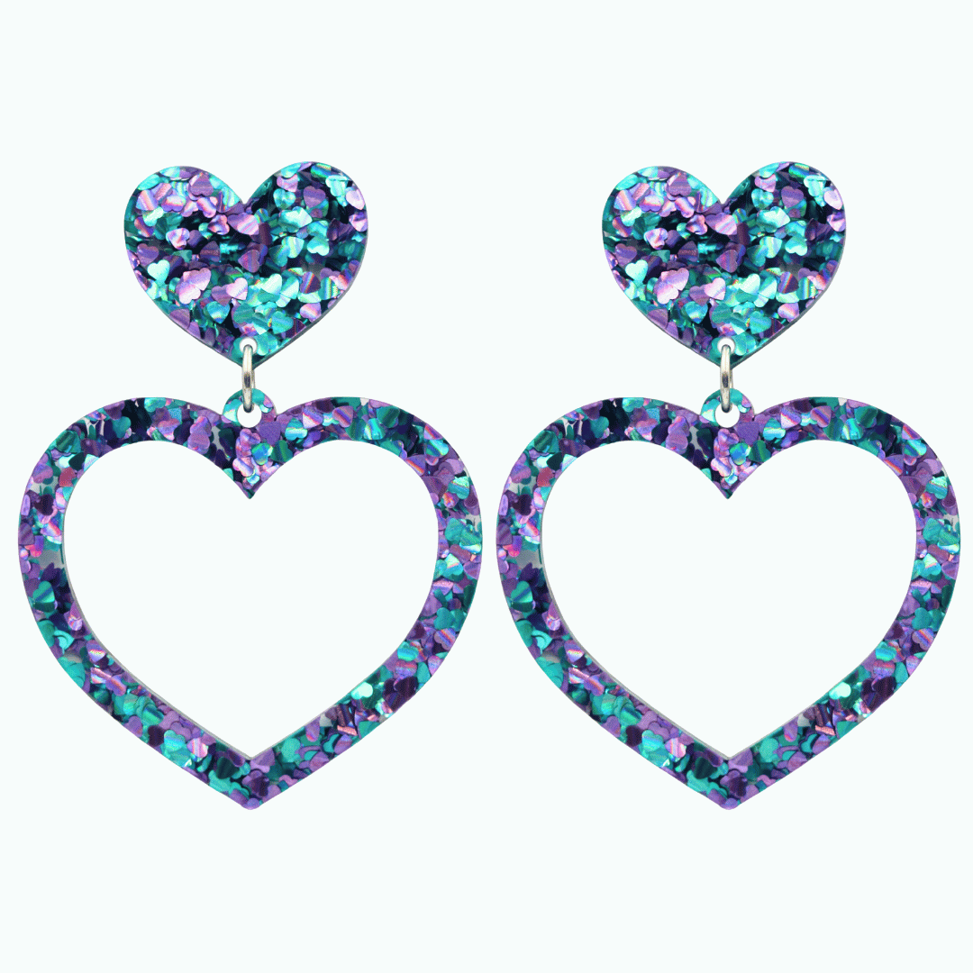 haus of chunky purple and blue love heart glitter barbie heart earrings size large 