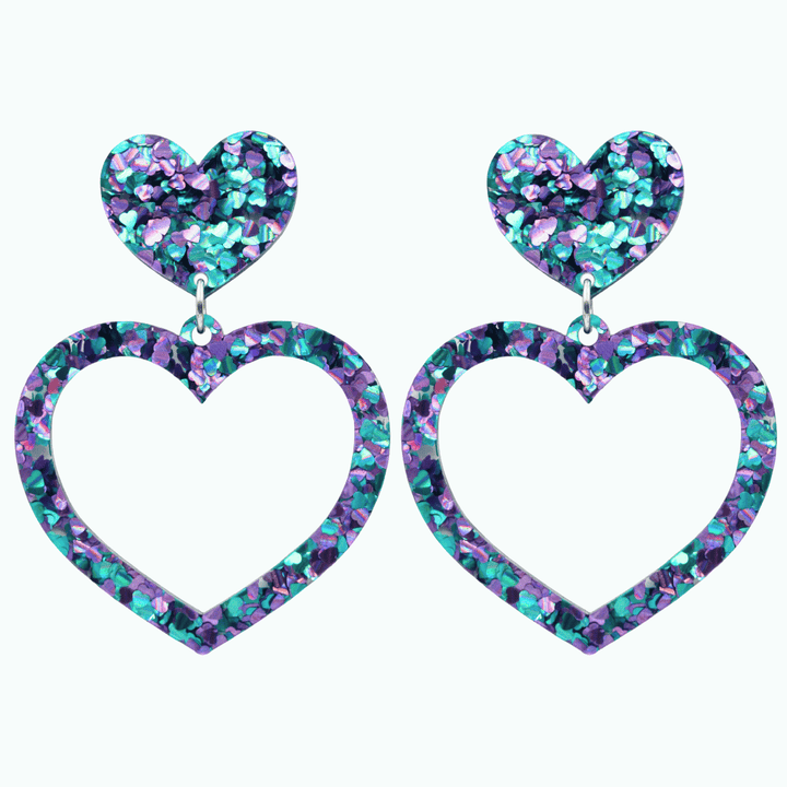 haus of chunky purple and blue love heart glitter barbie heart earrings size large 