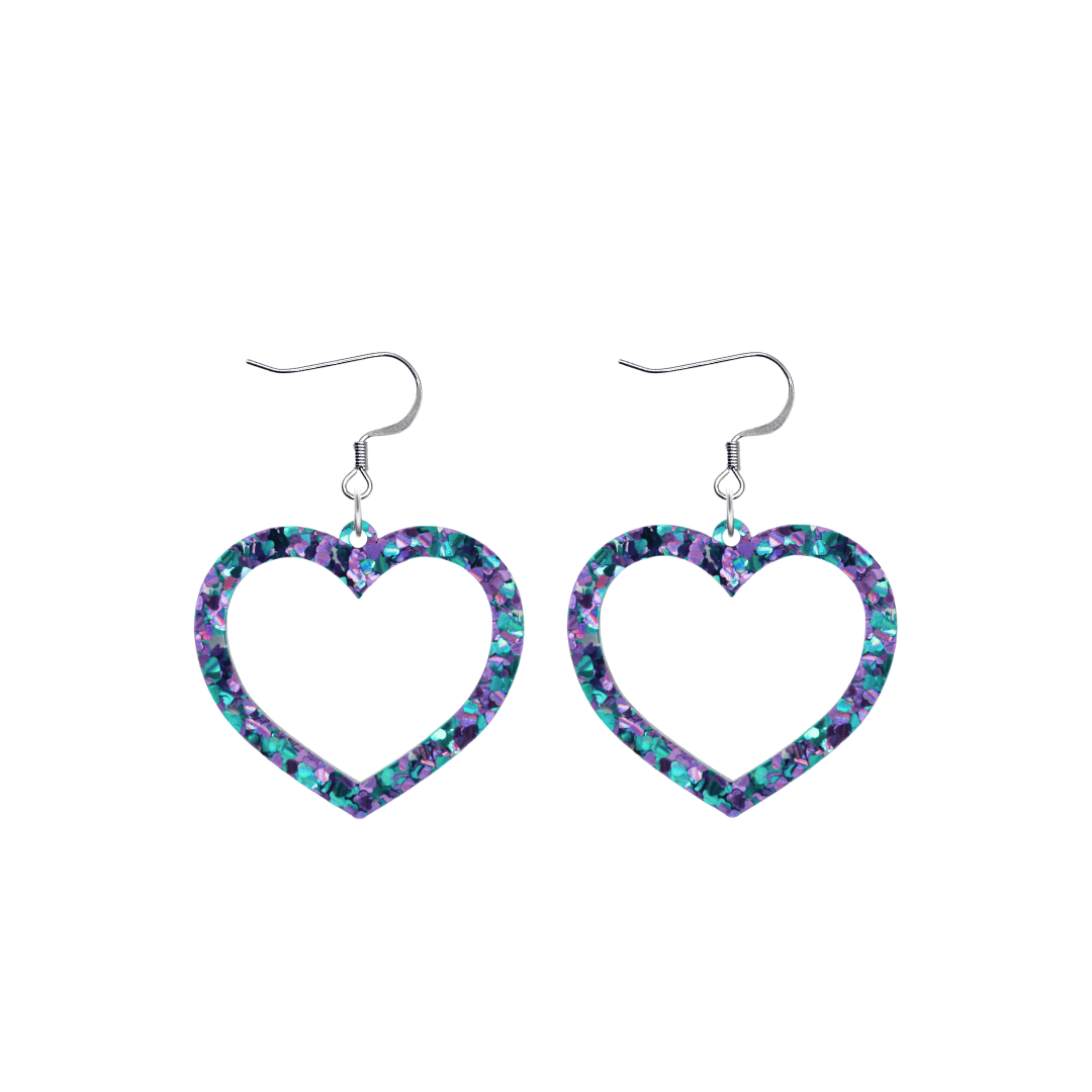 haus of chunky purple and blue love heart glitter barbie heart earrings size small with hooks no heart tops