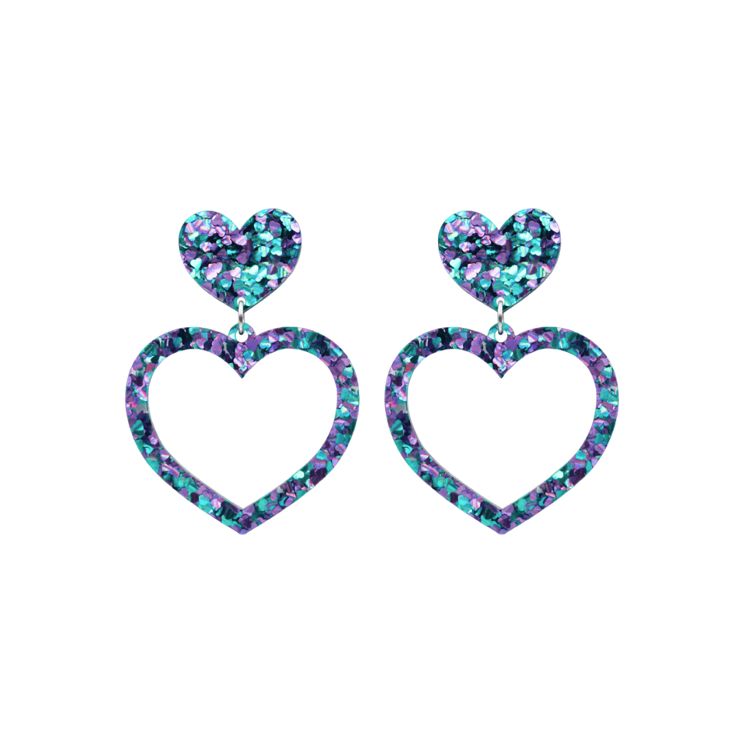 haus of chunky purple and blue love heart glitter barbie heart earrings size small