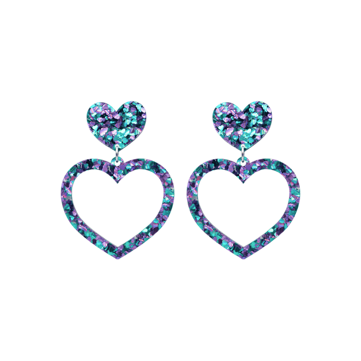 haus of chunky purple and blue love heart glitter barbie heart earrings size small