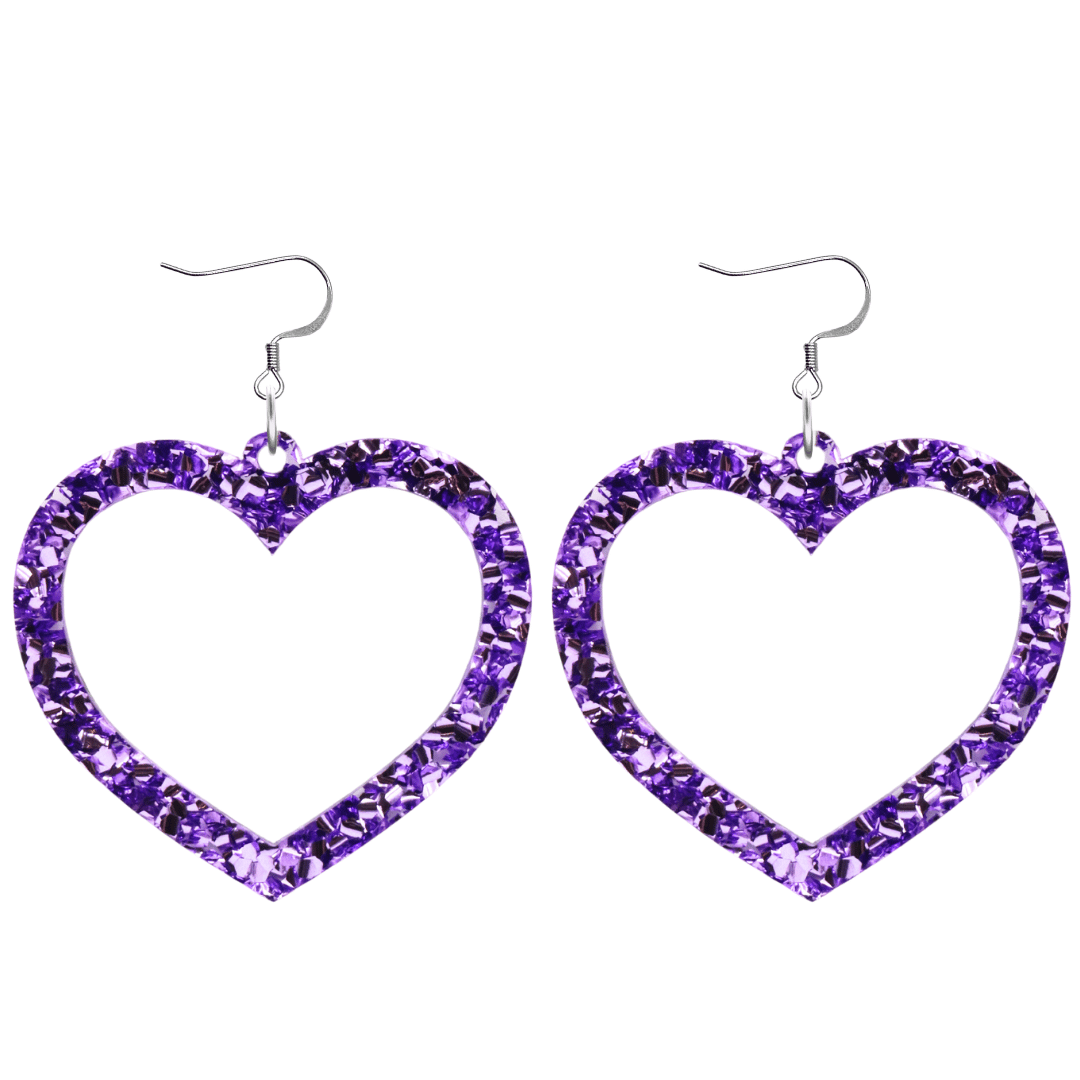 haus of chunky purple glitter barbie heart earrings size large with hooks no heart tops