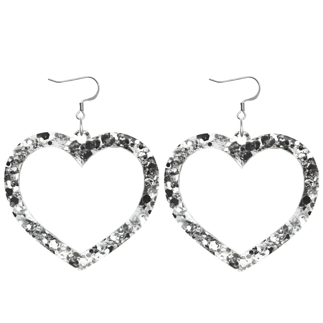 haus of chunky silver glitter barbie heart earrings size large with hooks no heart tops