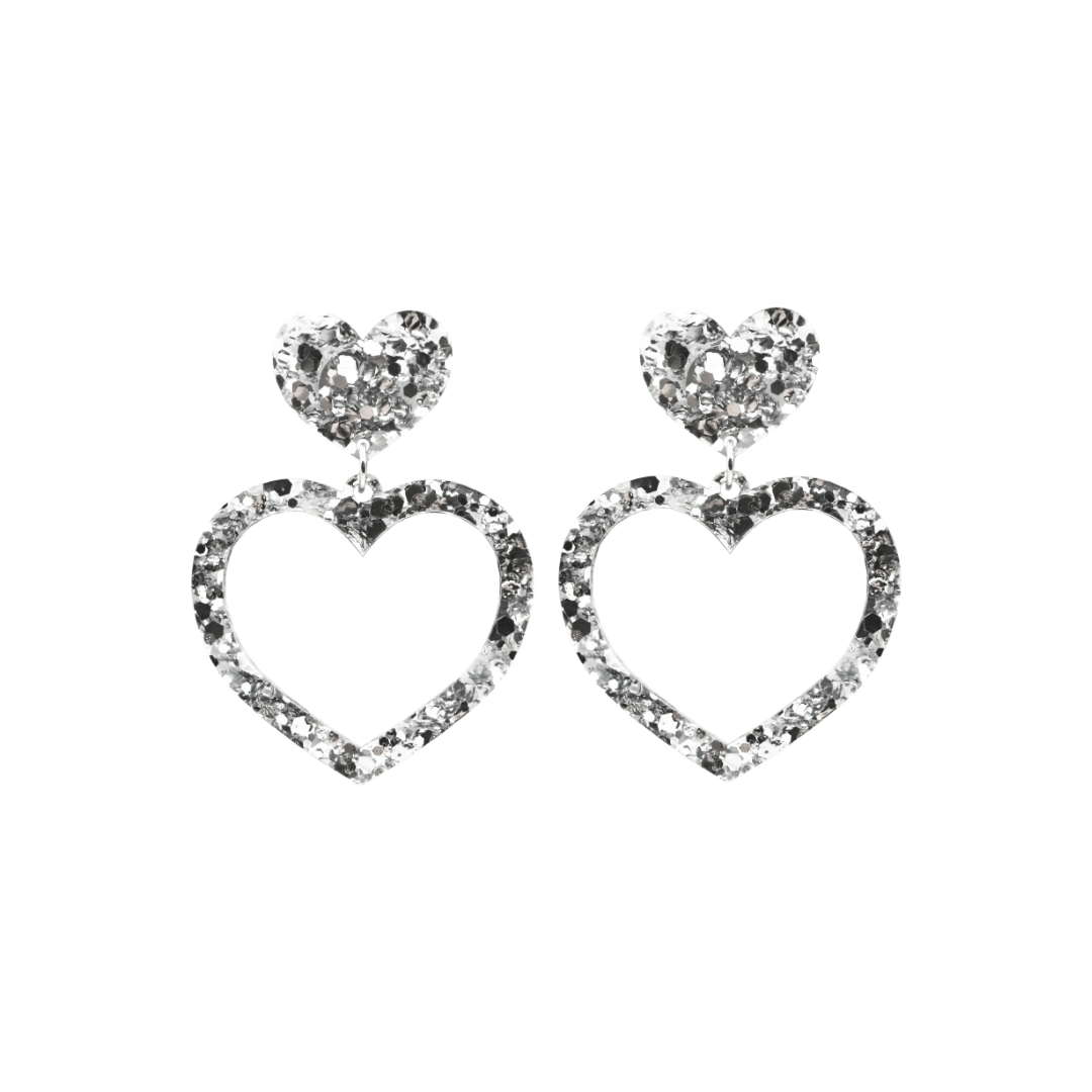 haus of chunky silver glitter barbie heart earrings size small