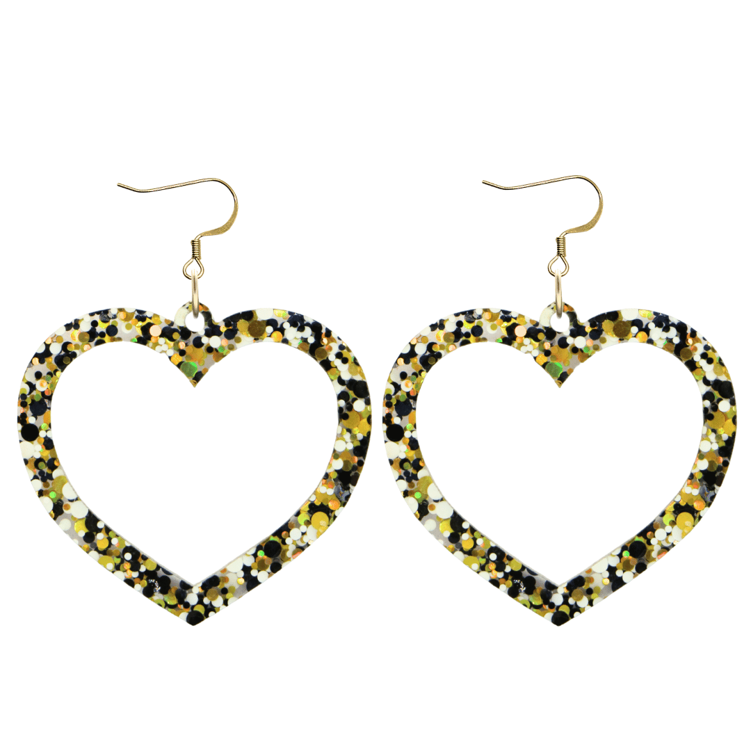 haus of dizzy confetti barbie heart earrings with white black and gold glitter through a clear base size large with hooks no heart tops