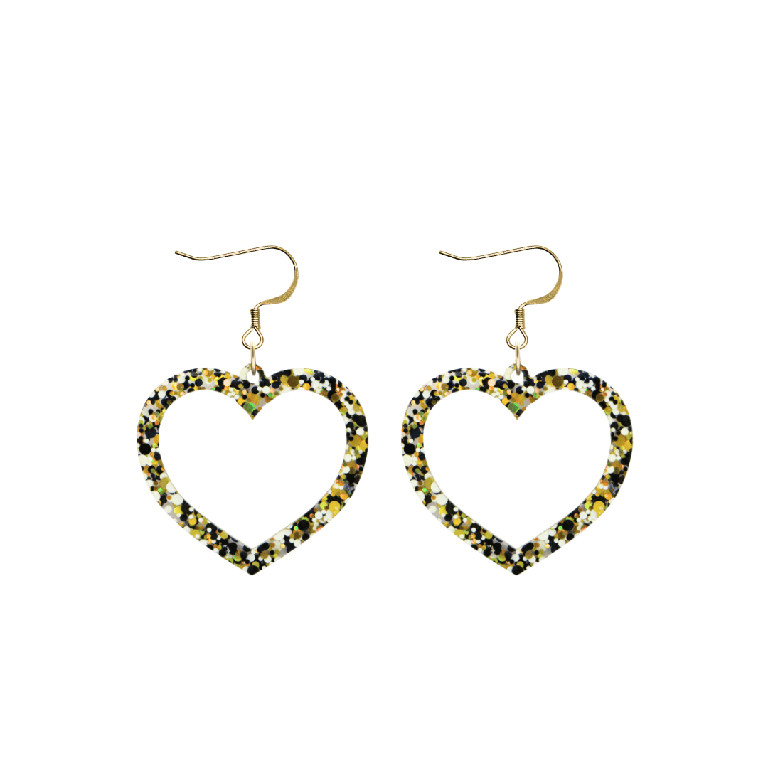 haus of dizzy confetti barbie heart earrings with white black and gold glitter through a clear base size small with hooks no heart tops