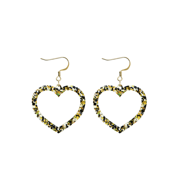 haus of dizzy confetti barbie heart earrings with white black and gold glitter through a clear base size small with hooks no heart tops