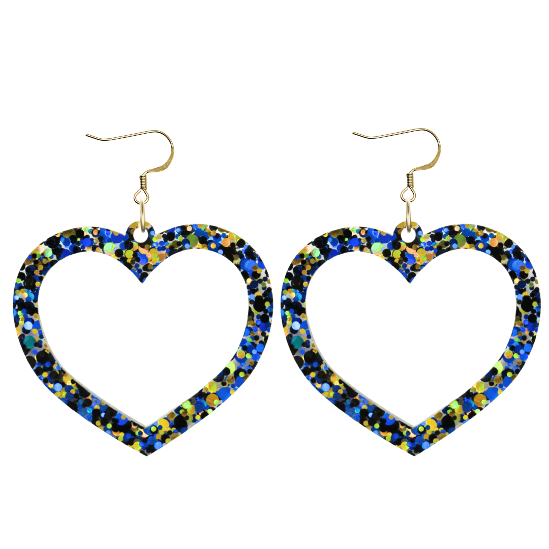 haus of dizzy confetti barbie heart earrings with blue and gold glitter through a clear base size large with hooks no heart tops