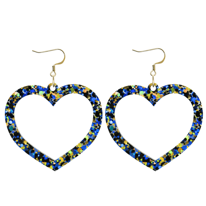 haus of dizzy confetti barbie heart earrings with blue and gold glitter through a clear base size large with hooks no heart tops