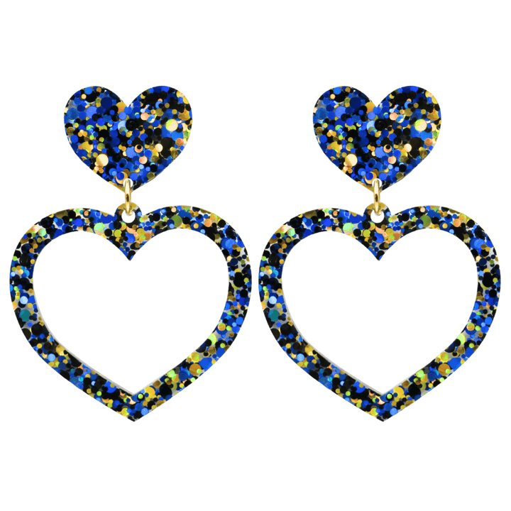 haus of dizzy confetti barbie heart earrings with blue and gold glitter through a clear base size large