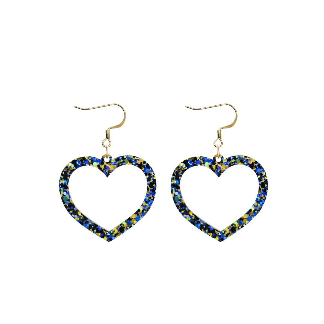 haus of dizzy confetti barbie heart earrings with blue and gold glitter through a clear base size small with hooks no heart tops