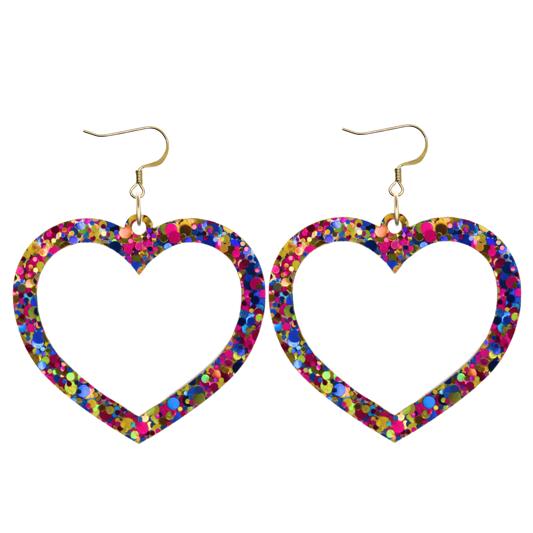 haus of dizzy confetti barbie heart earrings with purple, magenta, and gold glitter through a clear base size large with hooks no heart tops