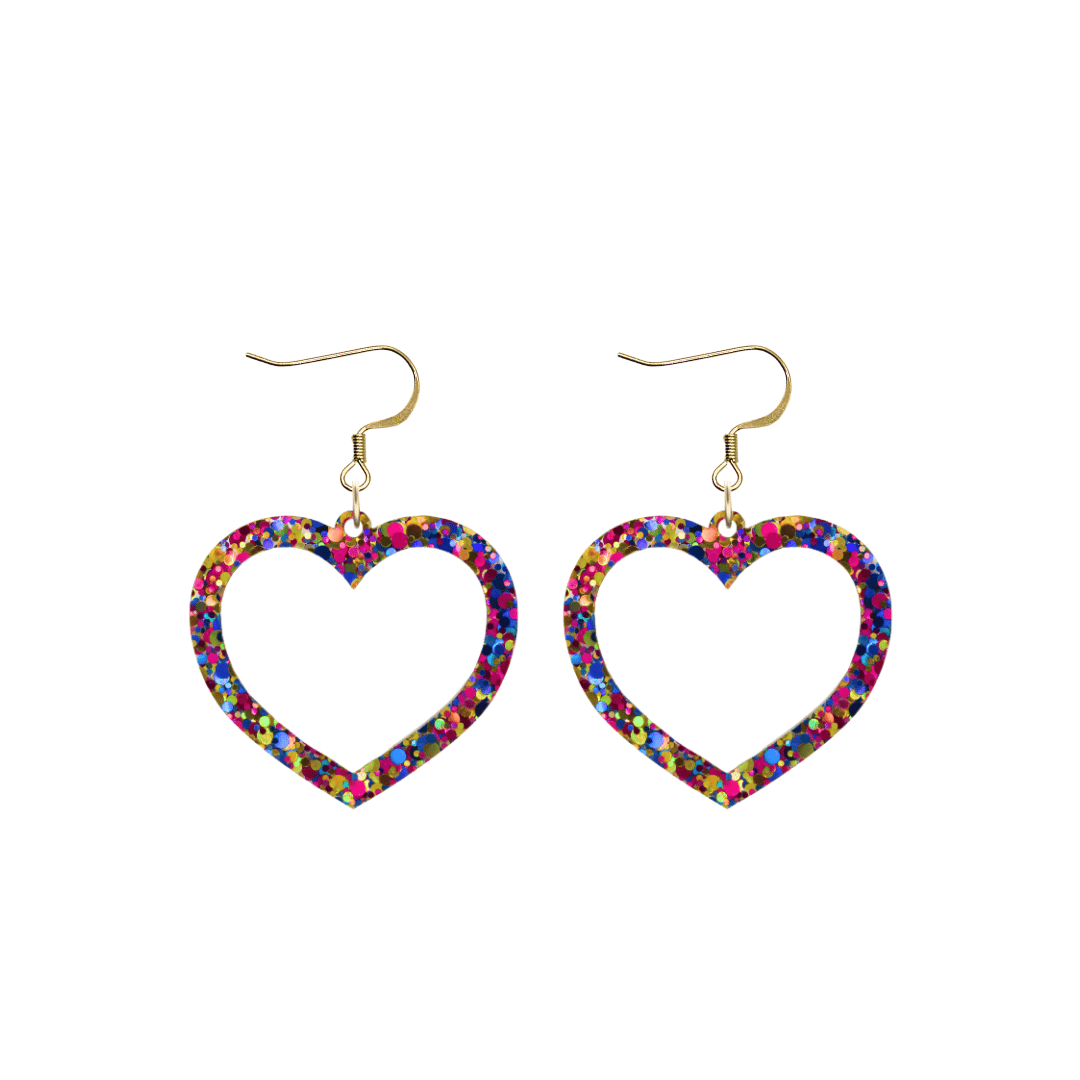 haus of dizzy confetti barbie heart earrings with purple, magenta, and gold glitter through a clear base size small with hooks no heart tops