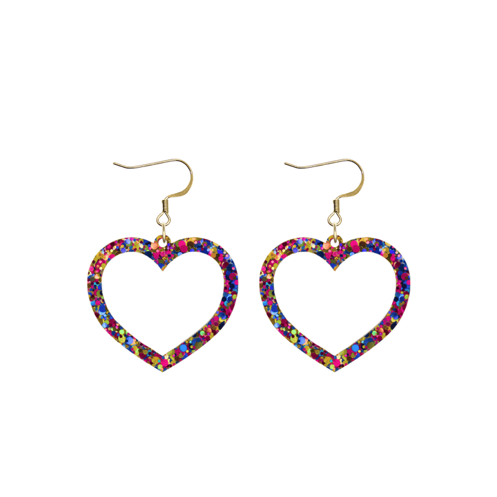 haus of dizzy confetti barbie heart earrings with purple, magenta, and gold glitter through a clear base size small with hooks no heart tops