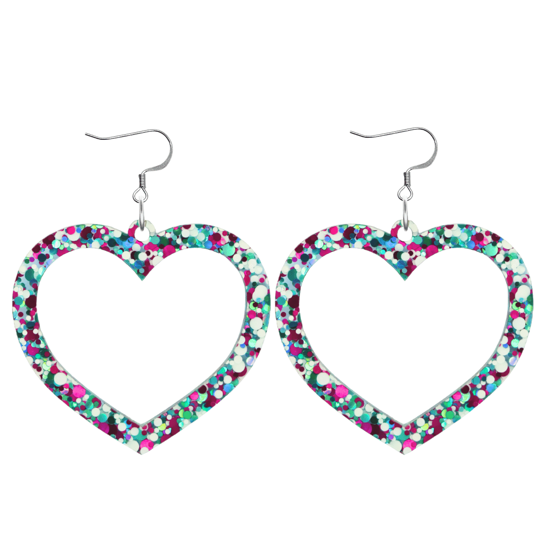 haus of dizzy confetti barbie heart earrings with white aqua and magenta glitter through a clear base size large with hooks no heart tops