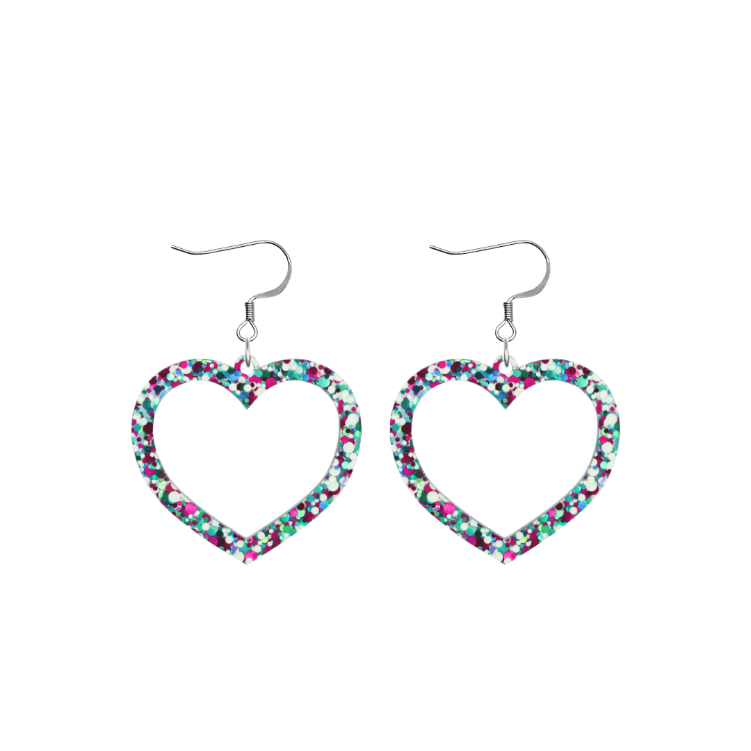 haus of dizzy confetti barbie heart earrings with white aqua and magenta glitter through a clear base size small with hooks no heart tops