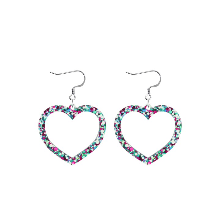 haus of dizzy confetti barbie heart earrings with white aqua and magenta glitter through a clear base size small with hooks no heart tops