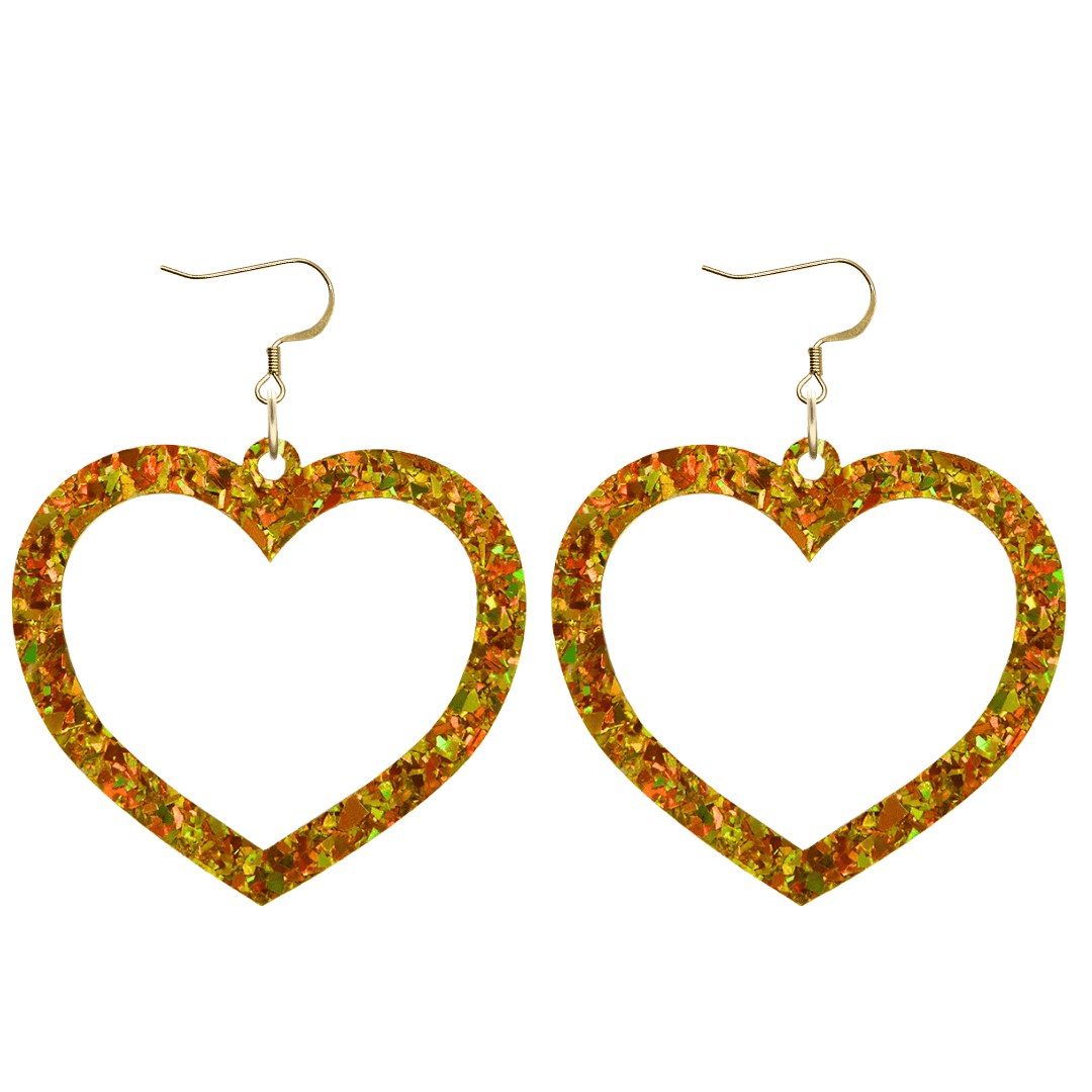 haus of dizzy crystal barbie hearts in amber size large with hooks no heart tops. hearts are filled with gold/yellow holographic foil/glitter