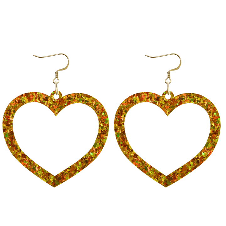 haus of dizzy crystal barbie hearts in amber size large with hooks no heart tops. hearts are filled with gold/yellow holographic foil/glitter