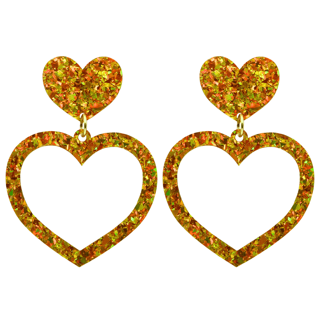 haus of dizzy crystal barbie hearts in amber size large. hearts are filled with gold/yellow holographic foil/glitter