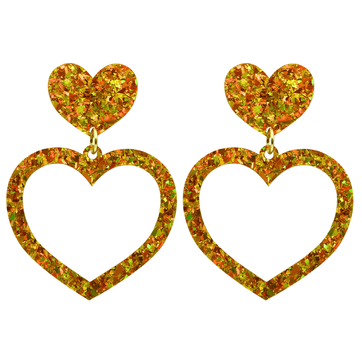 haus of dizzy crystal barbie hearts in amber size large. hearts are filled with gold/yellow holographic foil/glitter