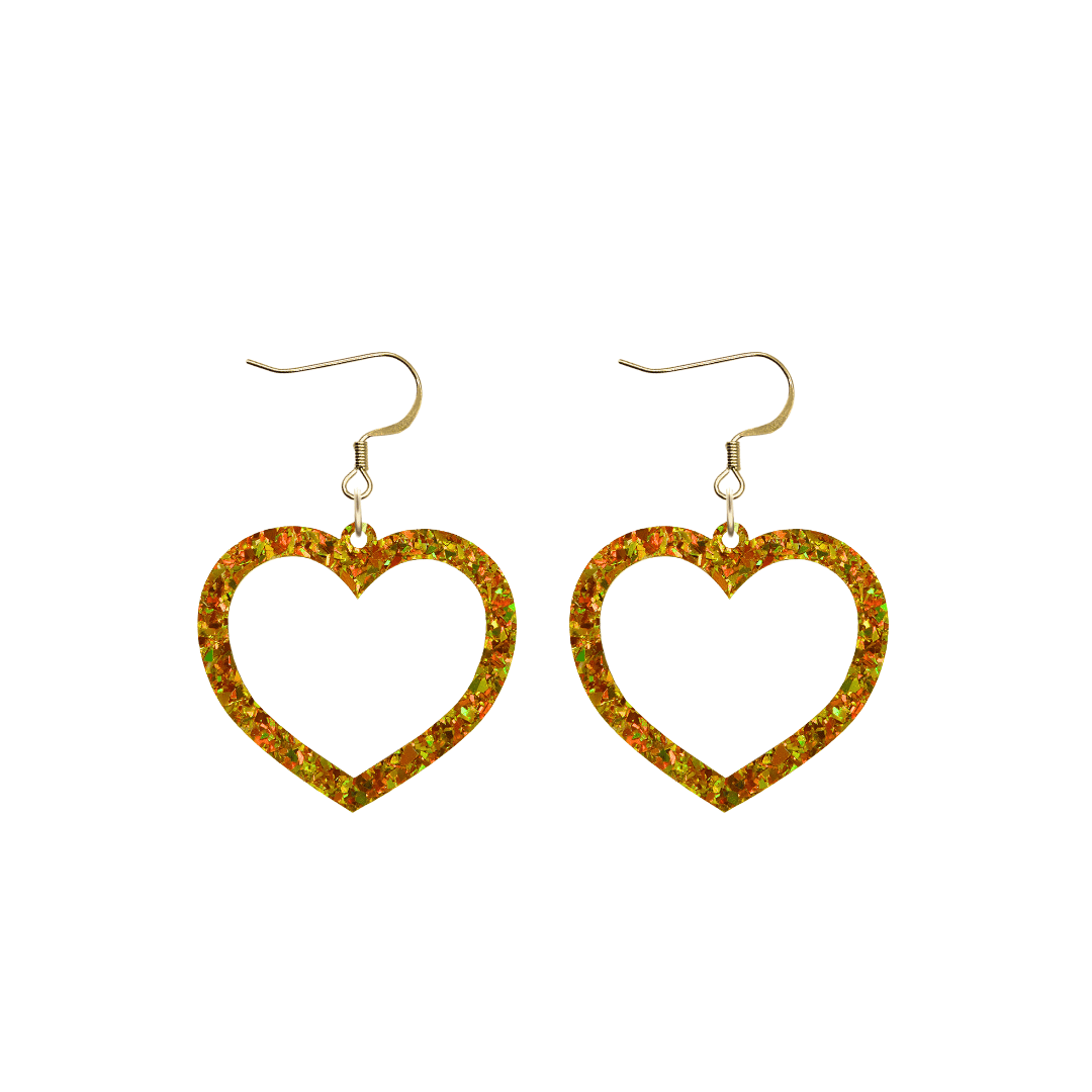 haus of dizzy crystal barbie hearts in amber size small with hooks no heart tops. hearts are filled with gold/yellow holographic foil/glitter