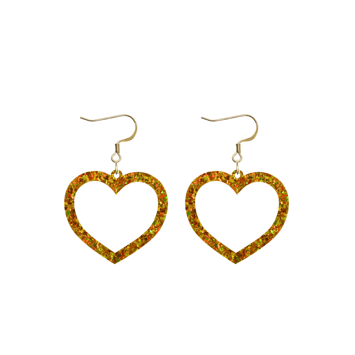 haus of dizzy crystal barbie hearts in amber size small with hooks no heart tops. hearts are filled with gold/yellow holographic foil/glitter