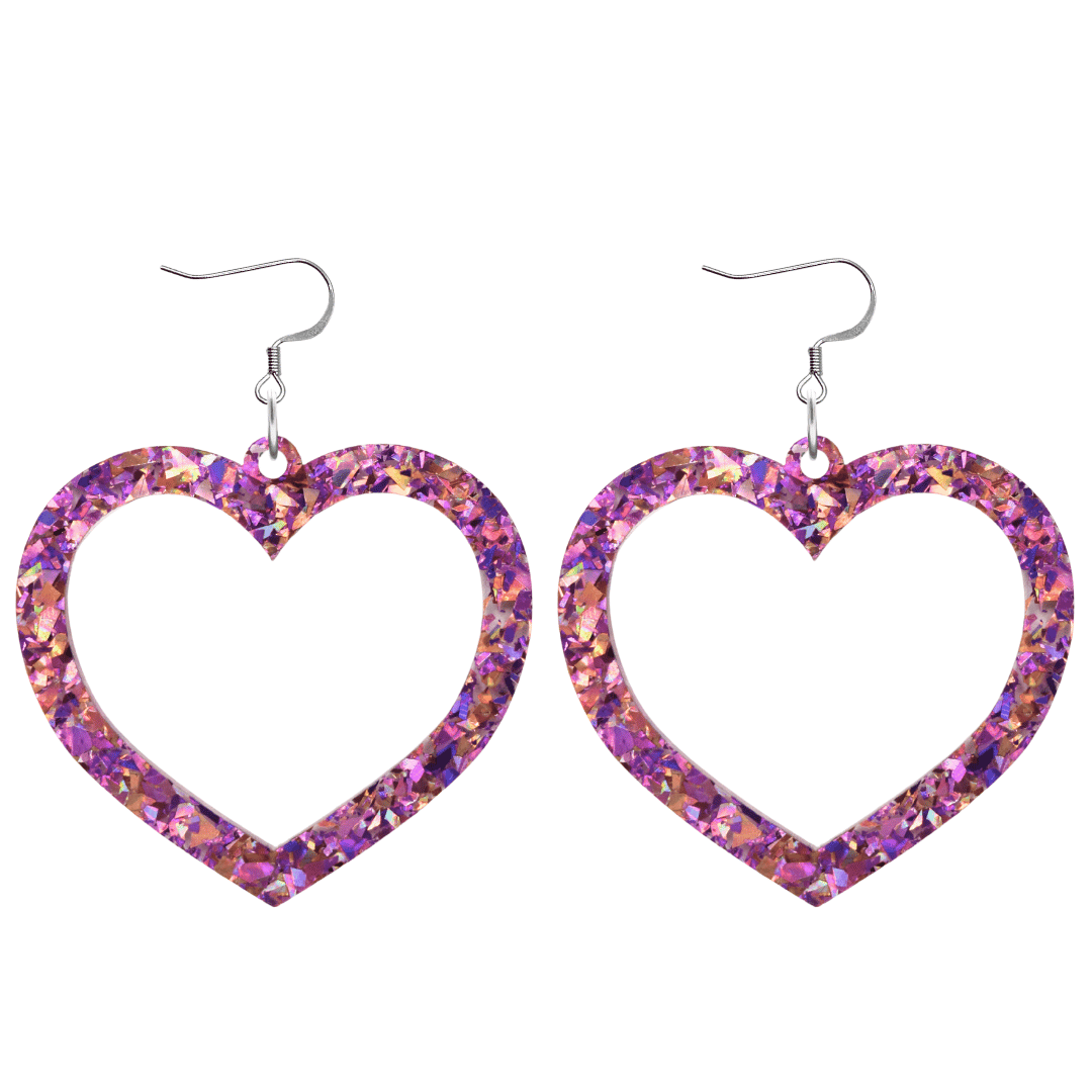 haus of dizzy crystal barbie hearts in amethyst size large with hooks no heart tops. hearts are filled with purple/pink holographic foil/glitter