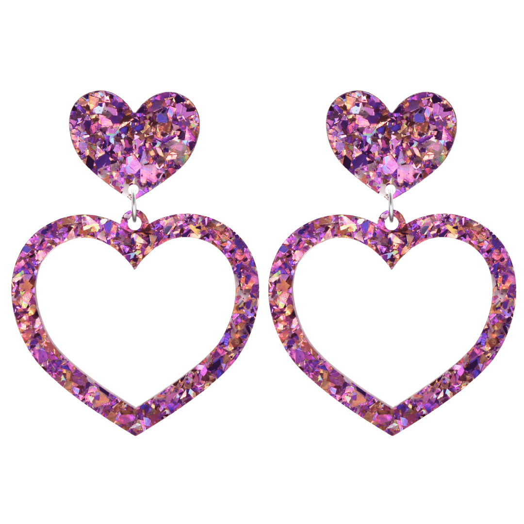 haus of dizzy crystal barbie hearts in amethyst size large. hearts are filled with purple/pink holographic foil/glitter