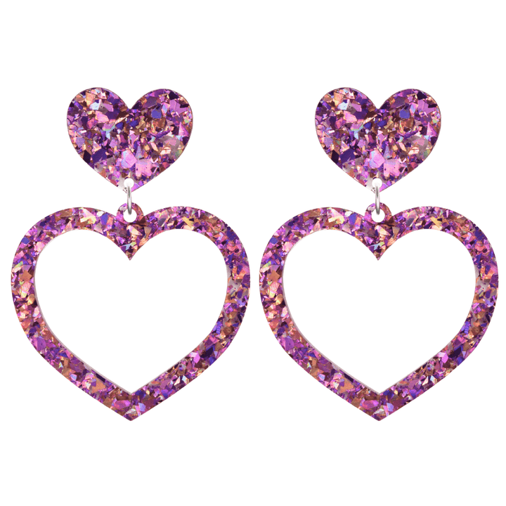 haus of dizzy crystal barbie hearts in amethyst size large. hearts are filled with purple/pink holographic foil/glitter