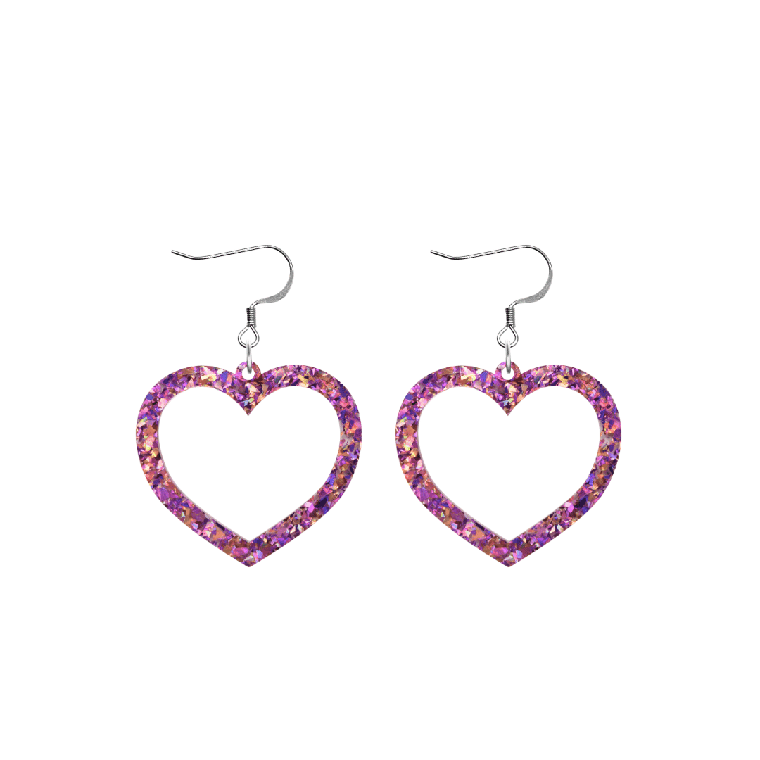 haus of dizzy crystal barbie hearts in amethyst size small with hooks no heart tops. hearts are filled with purple/pink holographic foil/glitter